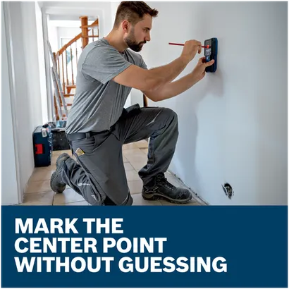 Features/Claims image of Bosch GMS120-27 Wall Scanner with application and text on blue background.