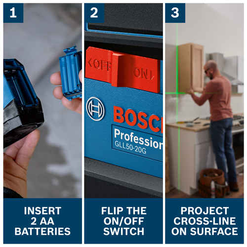 Features/Claims image of Bosch GLL50-20G Self-Leveling Cross-Line Laser with application and text on blue background.