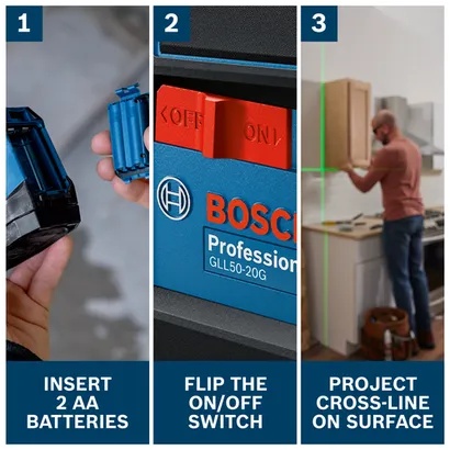 Features/Claims image of Bosch GLL50-20G Self-Leveling Cross-Line Laser with application and text on blue background.