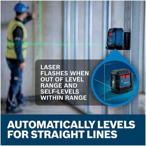 Features/Claims image of Bosch GLL50-20G Self-Leveling Cross-Line Laser with application and text on blue background.