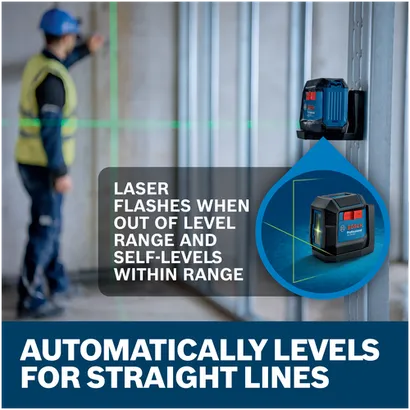 Features/Claims image of Bosch GLL50-20G Self-Leveling Cross-Line Laser with application and text on blue background.