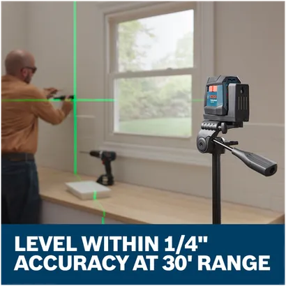 Features/Claims image of Bosch GLL50-20G Self-Leveling Cross-Line Laser with application and text on blue background.
