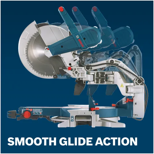 Features/Claims of Bosch GCM12SD 12 In. Dual-Bevel Glide Miter Saw with application and text on blue background.