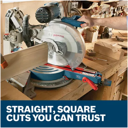 Features/Claims of Bosch GCM12SD 12 In. Dual-Bevel Glide Miter Saw with application and text on blue background.