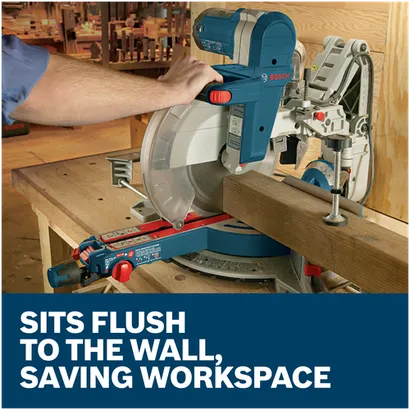 Features/Claims of Bosch GCM12SD 12 In. Dual-Bevel Glide Miter Saw with application and text on blue background.