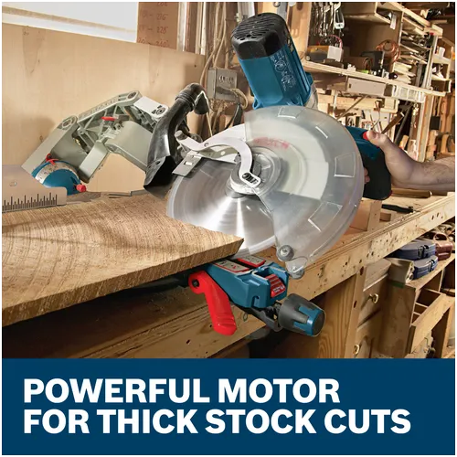 Features/Claims image of Bosch GCM12SD 12 In. Dual-Bevel Glide Miter Saw with application and text on blue background.