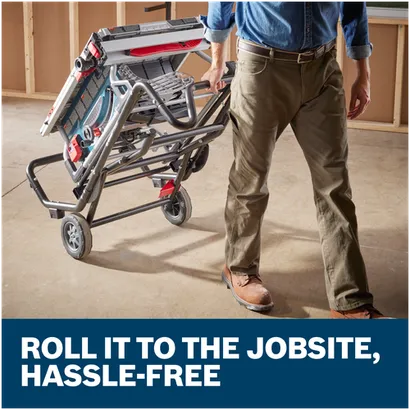 Features/Claims image of Bosch GTS15-10 10 In. Jobsite Table Saw with application and text on blue background.