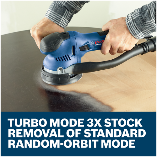 Features/Claims of Bosch GET75-6N 6 In. Dual-Mode Random Orbit Sander with application and text on blue background.