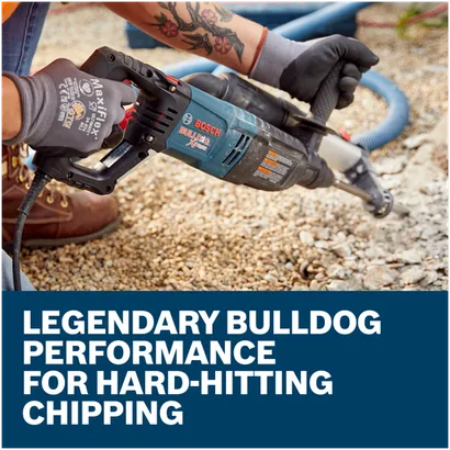 Features/Claims image of Bosch 11255VSR SDS-plus® Bulldog™ Xtreme 1 In. Rotary Hammer with application and text on blue background.