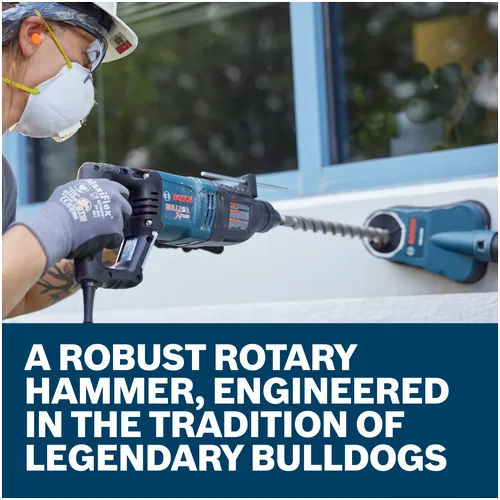 Features/Claims image of Bosch 11255VSR SDS-plus® Bulldog™ Xtreme 1 In. Rotary Hammer with application and text on blue background.
