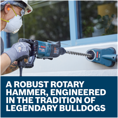 Features/Claims image of Bosch 11255VSR SDS-plus® Bulldog™ Xtreme 1 In. Rotary Hammer with application and text on blue background.