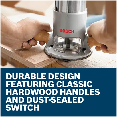 Features/Claims image of Bosch 1617EVS 2.25 HP VS Fixed-Base Router with application and text on blue background.