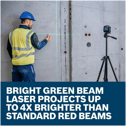 Features/Claims of Bosch GLL50-20G Self-Leveling Cross-Line Laser with application and text on blue background.