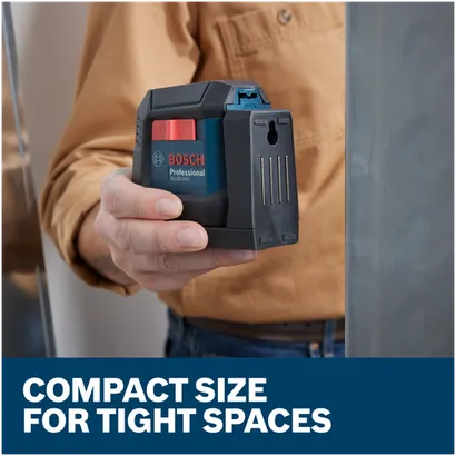 Features/Claims of Bosch GLL50-20G Self-Leveling Cross-Line Laser with application and text on blue background.