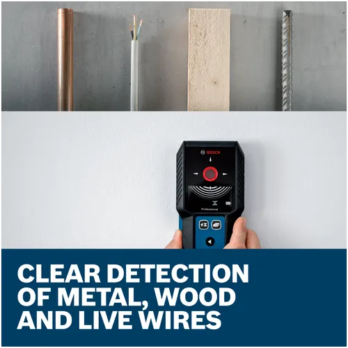 Features/Claims image of Bosch GMS120-27 Wall Scanner with application and text on blue background.