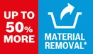 "UP TO 50% MORE MATERIAL REMOVAL*" shown in a split red and blue graphic icon.