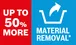"UP TO 50% MORE MATERIAL REMOVAL*" shown in a split red and blue graphic icon.