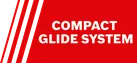 "COMPACT GLIDE SYSTEM" displayed in white text in a red banner with diagonal white stripes.