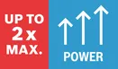 "UP TO 2x MAX POWER" shown in a split red and blue graphic icon.