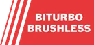 "BITURBO BRUSHLESS" displayed in white text in a red banner with diagonal white stripes.