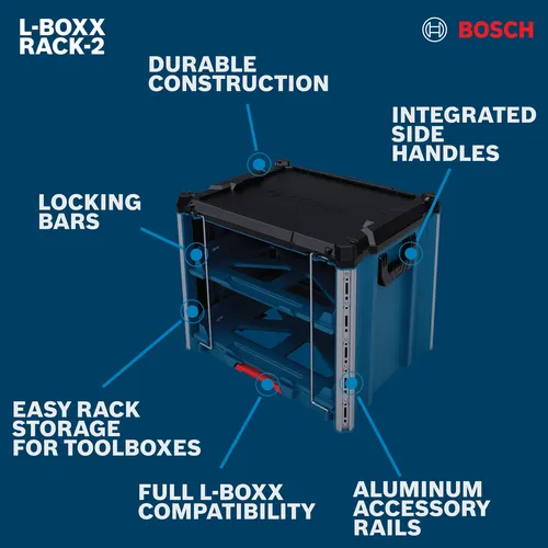 Bosch RACK-2 L-BOXX Contractor Rack walkaround displaying an image with surrounding text about the features.
