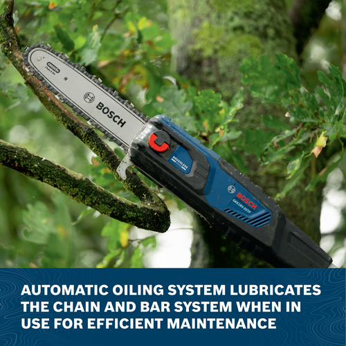Image of worker using the Bosch GKE18V-25TPN 18V 10 In. Pole Chainsaw to cut tree branches.