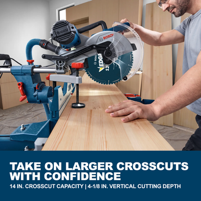 Web Image of Bosch GCM340-305D 12 In. Dual-Bevel Slide Miter Saw with features and applications.