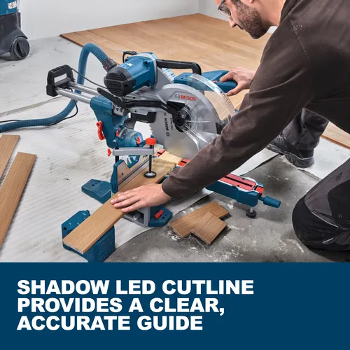 Web Image of Bosch GCM340-305D 12 In. Dual-Bevel Slide Miter Saw with features and applications.