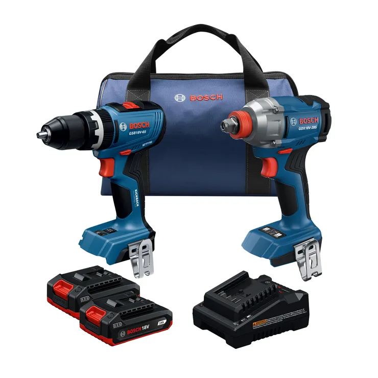 Product Image Dynamic of Bosch GXL18V-28B22 18V 2-Tool Combo Kit on a white background.