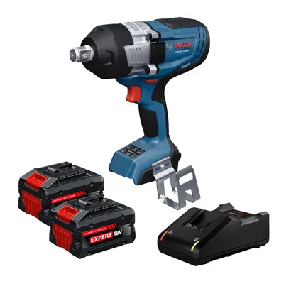 Dynamic Image of Bosch GDS18V-1600HB28X 18V Impact Wrench Kit on white background.