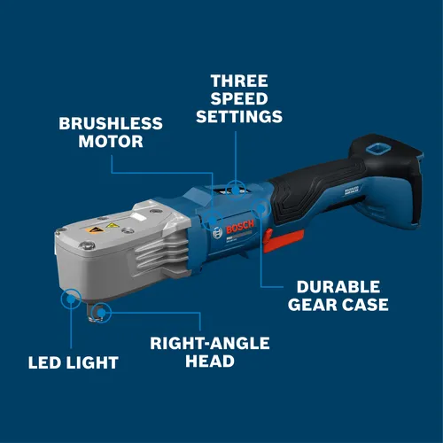 Walkaround Image of Bosch GRS18V-330 18V 1/2 In. Right Angle Impact Wrench on a blue background.