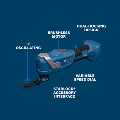 Walkaround Image of Bosch GOP18V-30 18V Starlock Oscillating Multi Tool on a blue background.