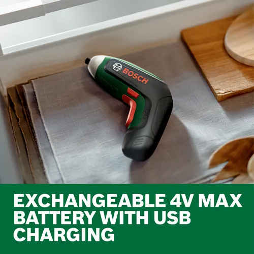 Web Image of Bosch IXO 4V Max Screwdriver on a table with features.