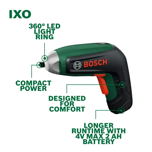 Walkaround Image of Bosch IXO 4V Max Screwdriver with features on a white background.