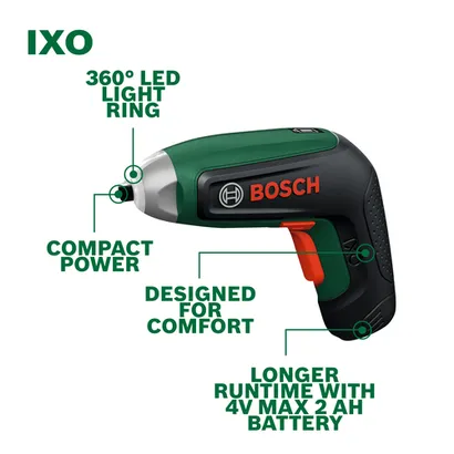 Walkaround Image of Bosch IXO 4V Max Screwdriver with features on a white background.