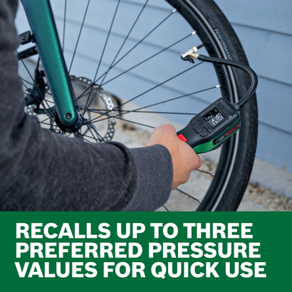 Web Image of Bosch PNEO 4V Max Air Pump being used by a homeowner on bicycle.