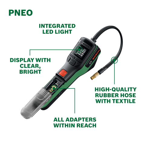 Walkaround Image of Bosch PNEO 4V Max Air Pump with features on a white background.