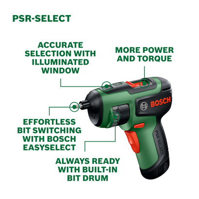 Walkaround Image of Bosch PSR-SELECT 4V Max Multi-Bit Screwdriver with features on a white background.