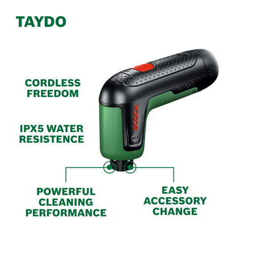 Walkaround Image of Bosch TAYDO 4V Max Cleaning Brush with features on a white background.