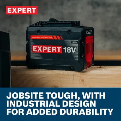 Web Image of Bosch GXS18V-28N115X EXPERT 18V 15 Ah Battery & Charger Kit with lifestyle and features.