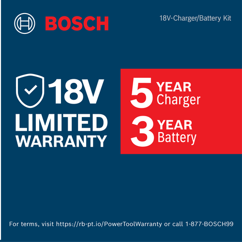 Warranty Image of Bosch GXS18V-28N115X EXPERT 18V 15 Ah Battery & Charger Kit on a blue background.