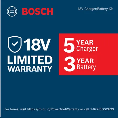 Warranty Image of Bosch GXS18V-28N115X EXPERT 18V 15 Ah Battery & Charger Kit on a blue background.