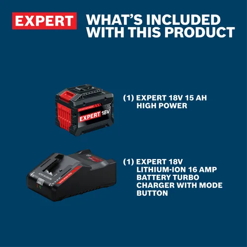Kit Contents Image of Bosch GXS18V-28N115X EXPERT 18V 15 Ah Battery & Charger Kit on a blue background.