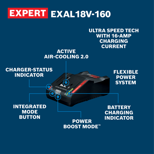 Walkaround Image of Bosch EXAL18V-160 EXPERT 18V Lithium-Ion 16 Amp Battery Turbo Charger on a blue background.