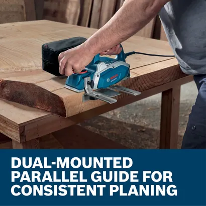 Web Image with features and image of worker using the Bosch GHO16-82 3-1/4" 5.5Amp Planer on a workshop.
