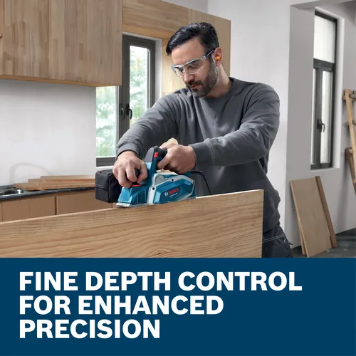 Web Image with features and image of worker using the Bosch GHO16-82 3-1/4" 5.5Amp Planer on workshop.