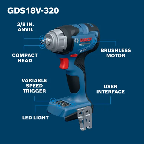 Walkaround Image of Bosch GDS18V-320 18V 3/8 In. Impact Wrench on a blue background.