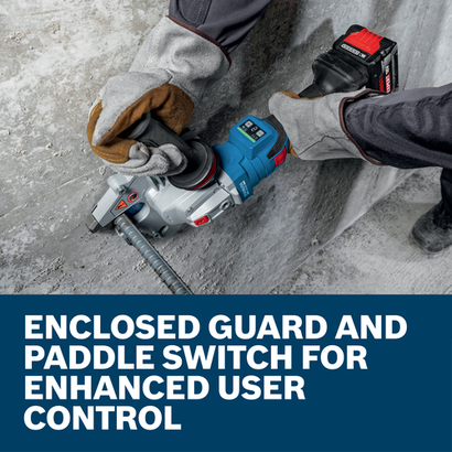 Web Image with features and worker using the Bosch GBC18V-32PSN16X 18V Brushless 1-1/4 In. Rebar Cutter.