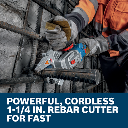 Web Image with features and worker using the Bosch GBC18V-32PSN16X 18V Brushless 1-1/4 In. Rebar Cutter.