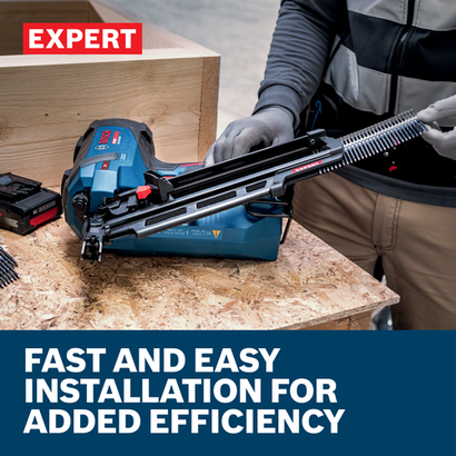 Web Image white features and worker using the Bosch 21EXTMAG 21º Ext. Magazine on a construction.